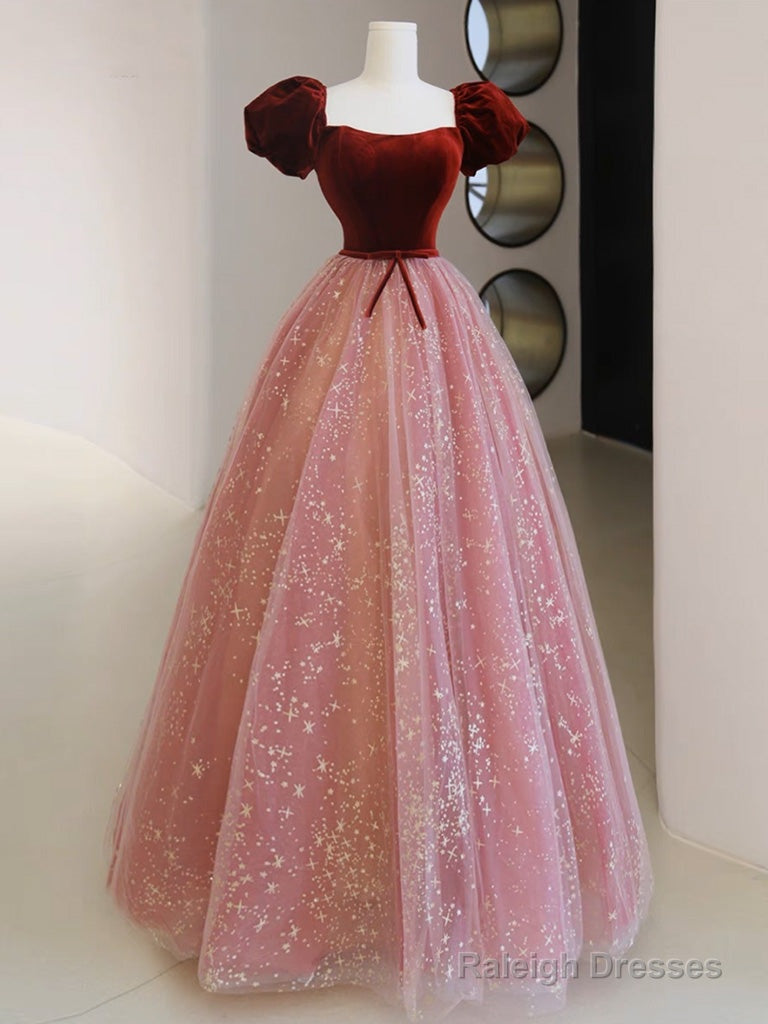 A-Line Pink Velvet Tulle Long Prom Dress, Pink Tulle Formal Evening Dress Main image