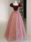 A-Line Pink Velvet Tulle Long Prom Dress, Pink Tulle Formal Evening Dress