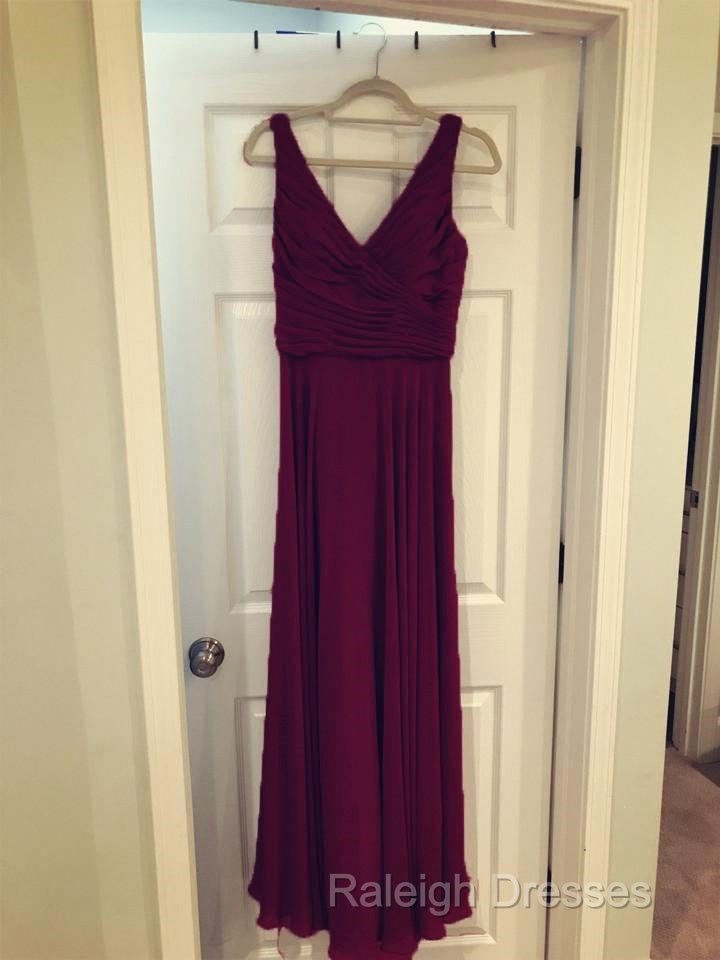 A-Line Pleated Chiffon V-Neck Long Bridesmaid Dresses