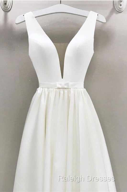 A-Line Plunge Neck Floor Length Satin Wedding Dress Main image