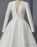 A-Line Plunge Neck Tea Length Satin Wedding Dresses