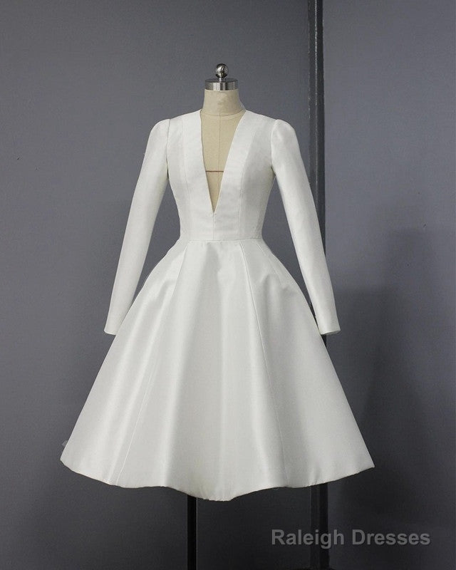 A-Line Plunge Neck Tea Length Satin Wedding Dress Main image