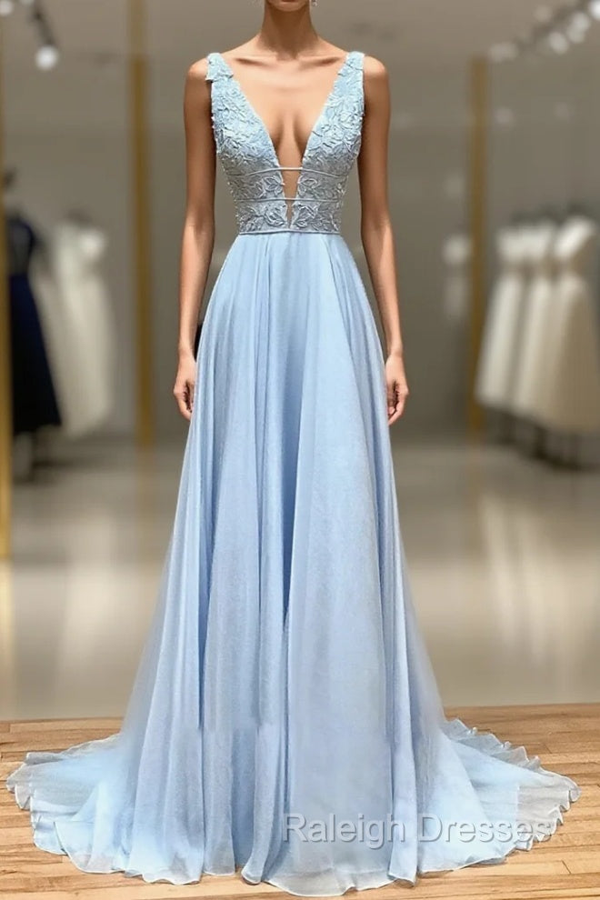 A Line Plunge V Neck Lace Chiffon Prom Dress