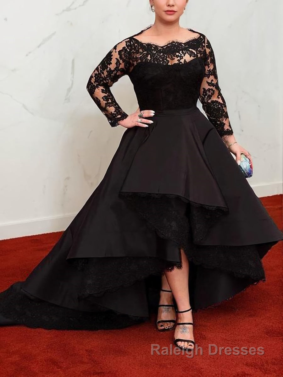 A Line Bateau Asymmetrical Satin Prom Dresses With Appliques Lace