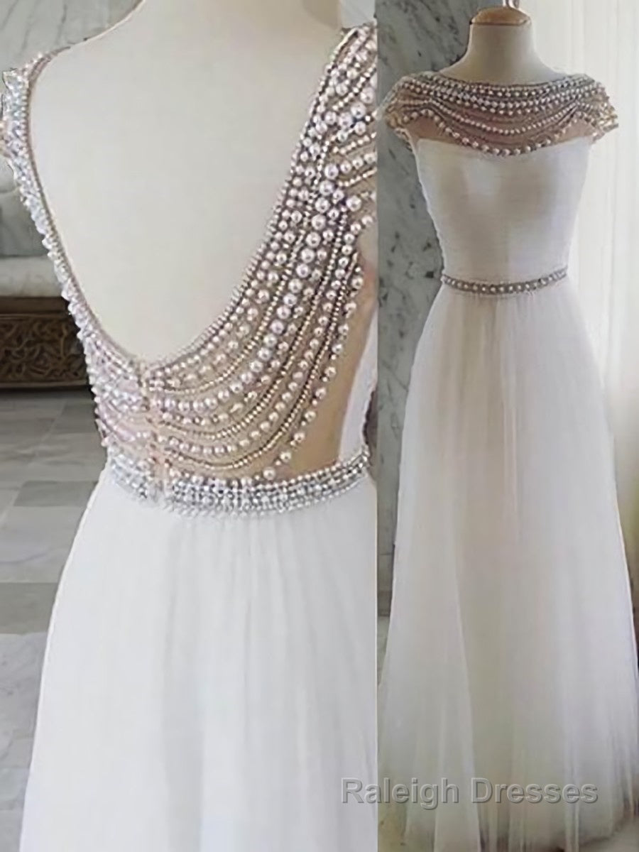 A Line Bateau Floor Length Tulle Prom Dresses With Beading Main image