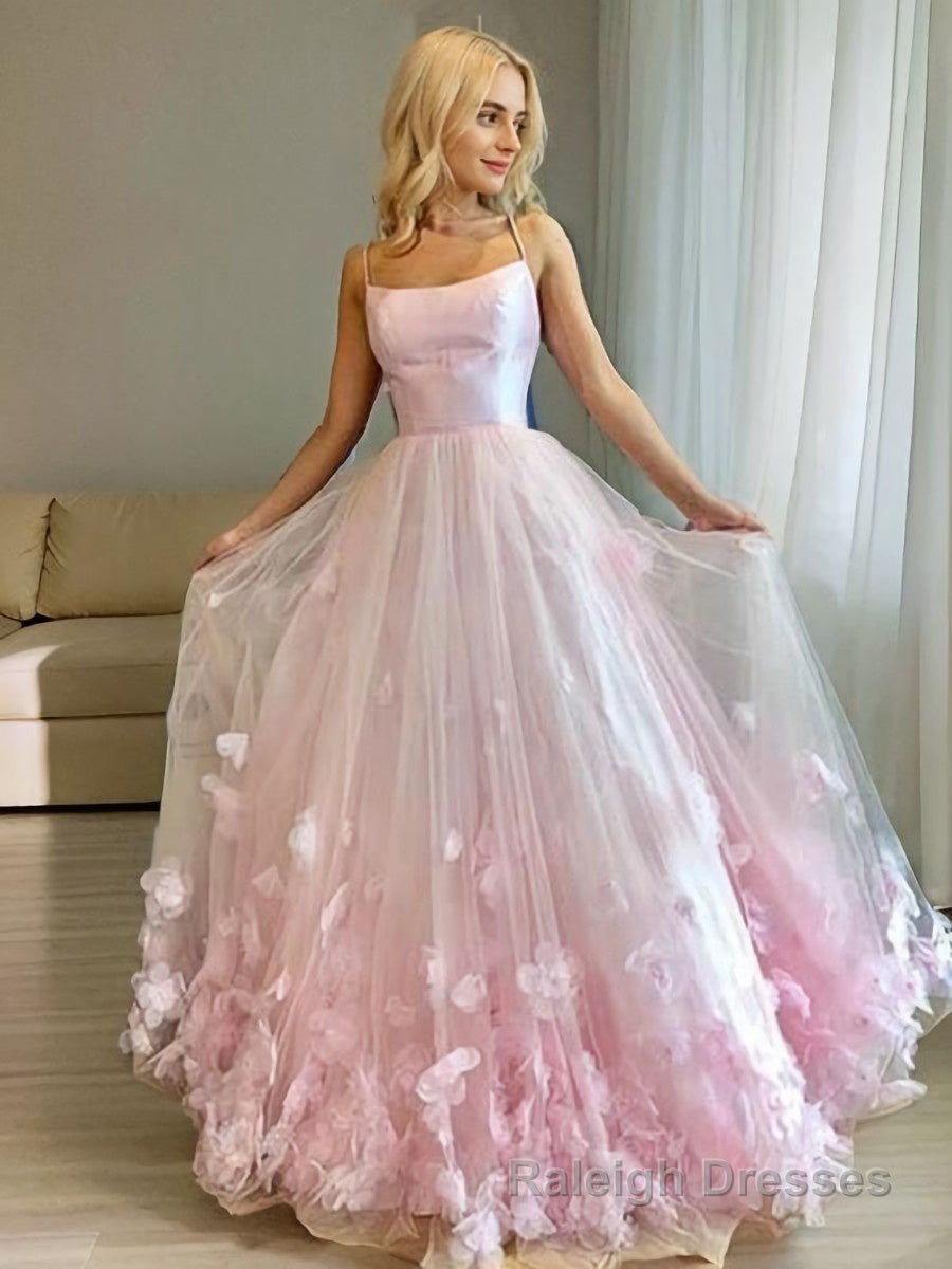 A-Line/Princess Bateau Floor-Length Tulle Prom Dresses With Flower Main image