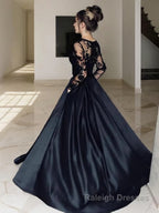 A Line Bateau Sweep Train Satin Prom Dresses With Pockets