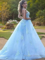 A-Line/Princess Bateau Sweep Train Tulle Prom Dresses With Appliques Lace