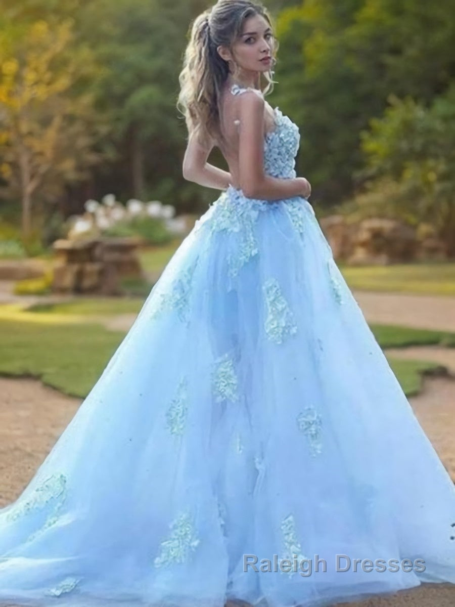 A Line Bateau Sweep Train Tulle Prom Dresses With Appliques Lace Secondary image