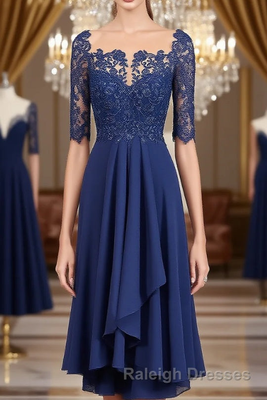 A Line Bateau Tea-Length Chiffon Mother of the Bride Dress With Appliques Lace Main image