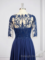 A Line Bateau Tea-Length Chiffon Mother of the Bride Dress With Appliques Lace