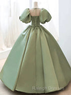 A-Line Princess Green Satin Puffy Sleeves Long Formal Dress Satin Prom Dress Party Dress