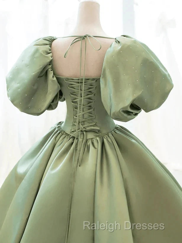 A-Line Princess Green Satin Puffy Sleeves Long Formal Dress Satin Prom Dress Party Dress