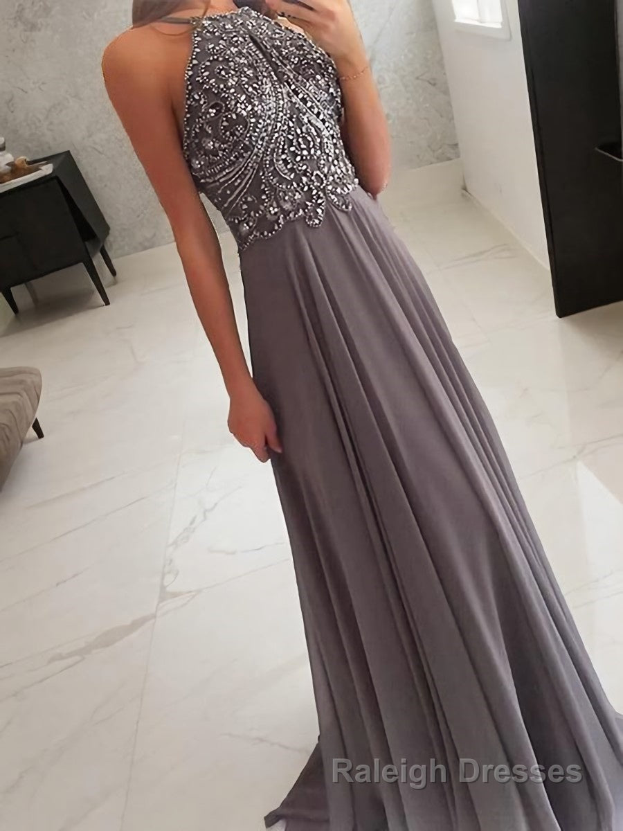 A Line Halter Floor Length Chiffon Prom Dresses With Beading