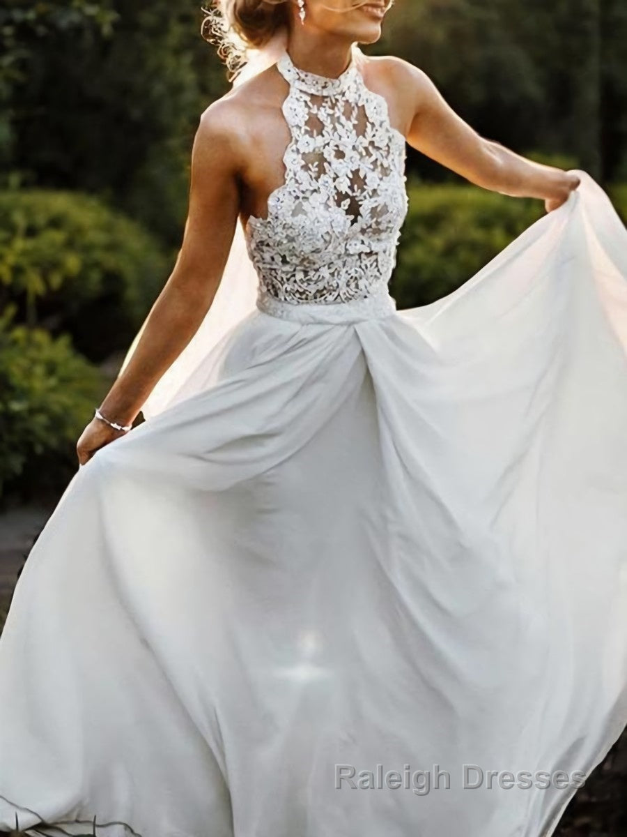 A-Line/Princess Halter Floor-Length Chiffon Wedding Dresses With Lace Main image