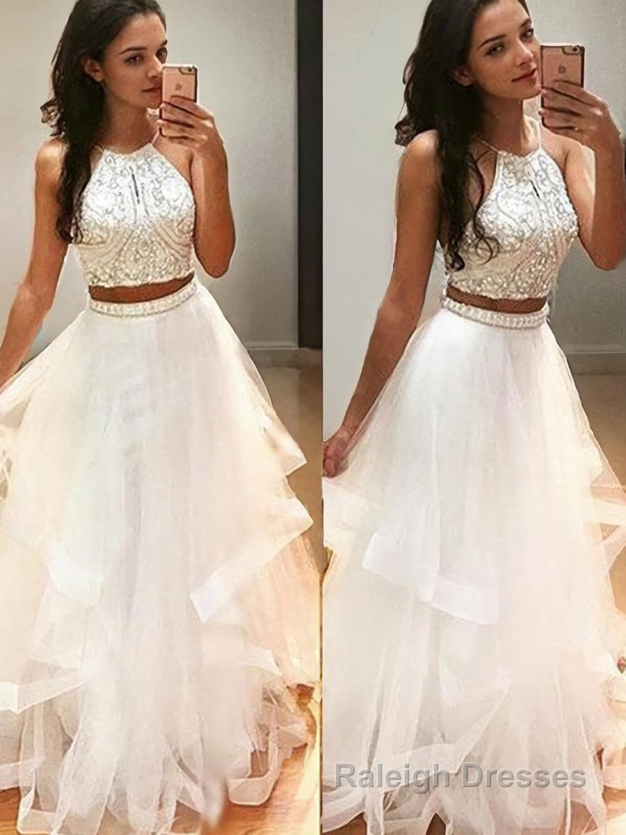 A Line Halter Floor Length Tulle Prom Dresses Main image