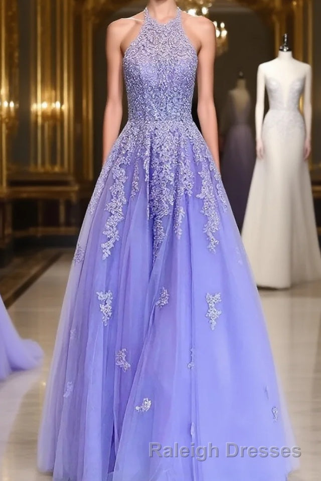 A Line Halter Floor Length Tulle Prom Dress With Appliques Lace Main image