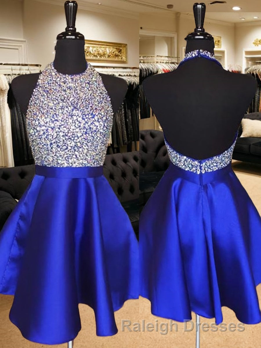 A Line Halter Short Mini Satin Homecoming Dress With Beading