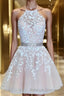 A Line Halter Short Mini Tulle Homecoming Dress With Appliques Lace