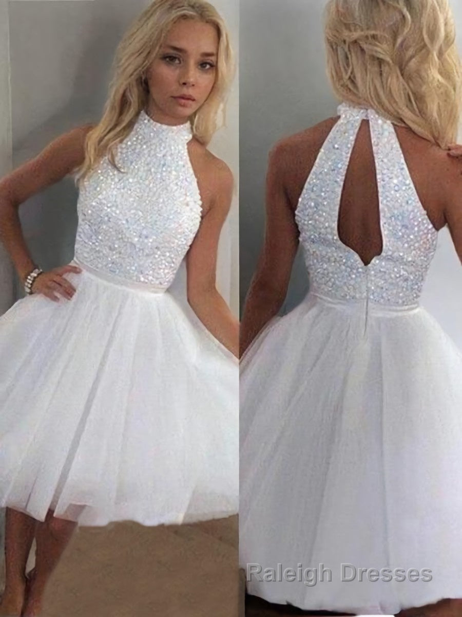 A Line Halter Short Mini Tulle Homecoming Dresses With Beading Main image