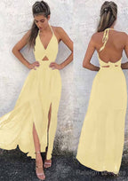 A Line Halter Sleeveless Ankle-Length Chiffon Prom Dress With Split