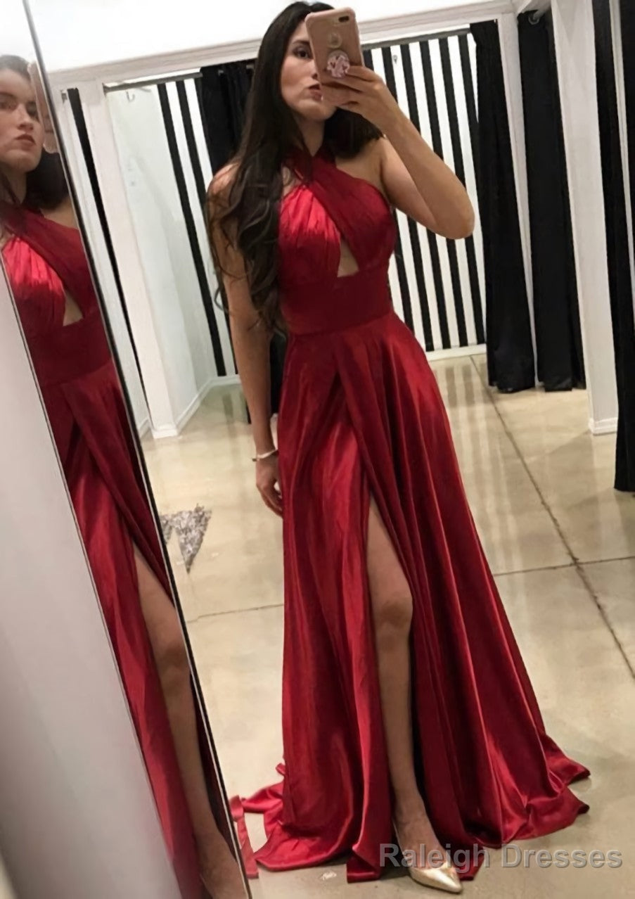 A-line/Princess Halter Sleeveless Sweep Train Charmeuse Prom Dresses With Split Main image