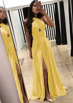 A Line Halter Sleeveless Sweep Train Charmeuse Prom Dress With Split