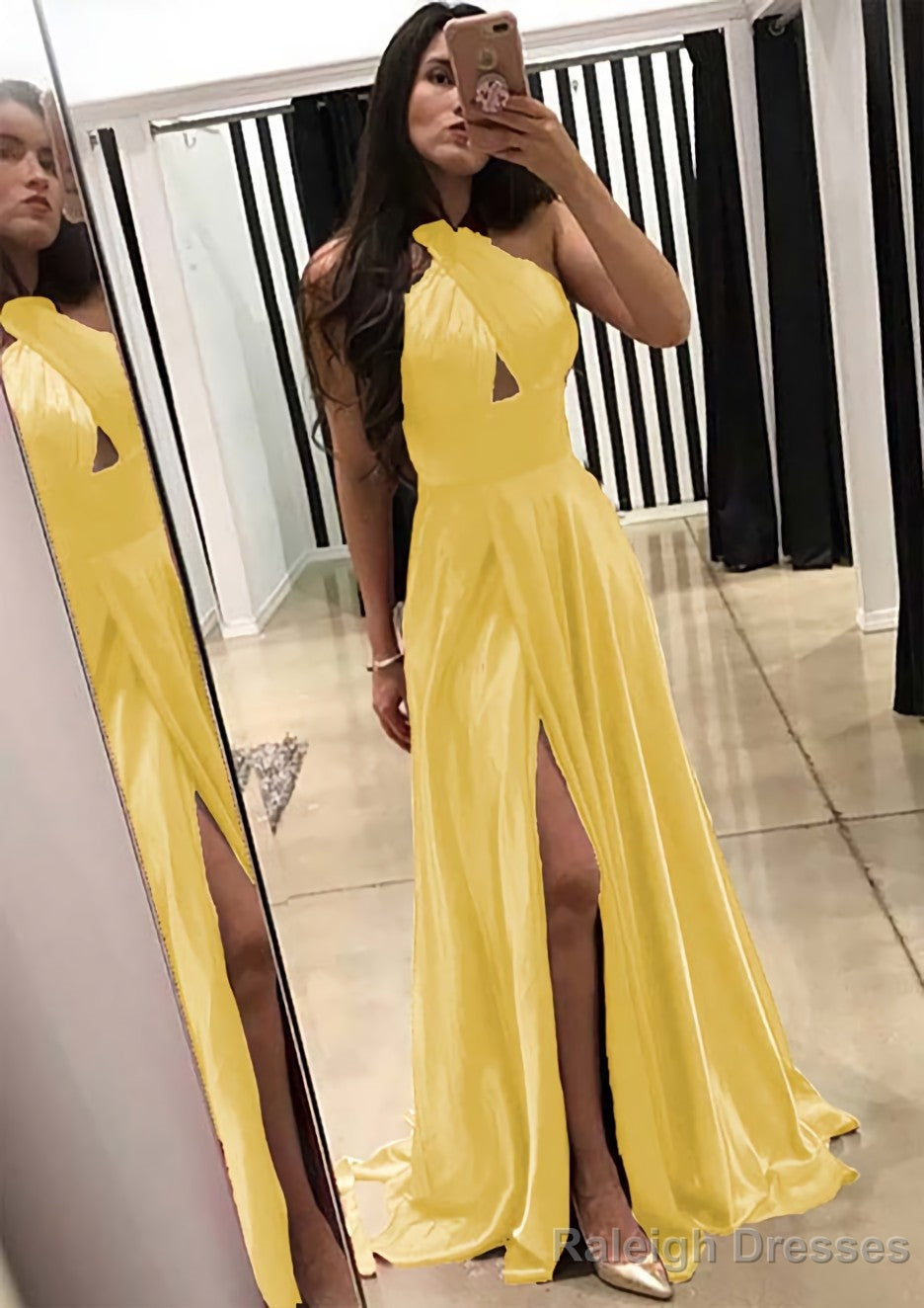 A Line Halter Sleeveless Sweep Train Charmeuse Prom Dress With Split