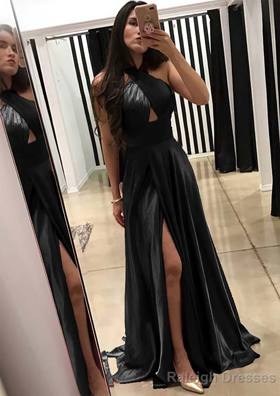 A-line/Princess Halter Sleeveless Sweep Train Charmeuse Prom Dresses With Split