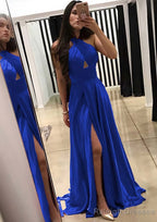 A Line Halter Sleeveless Sweep Train Charmeuse Prom Dress With Split