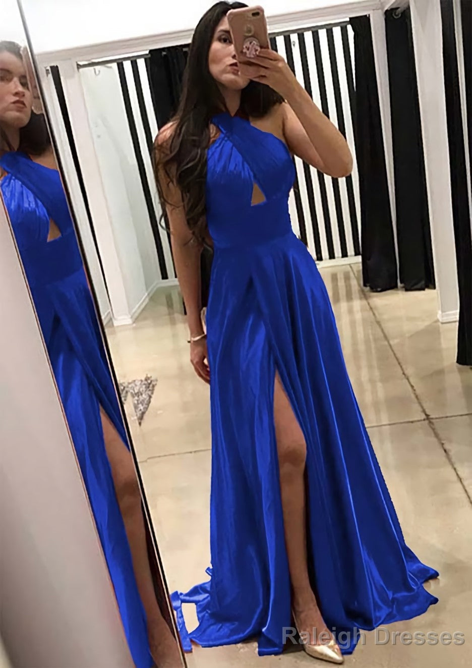 A Line Halter Sleeveless Sweep Train Charmeuse Prom Dress With Split