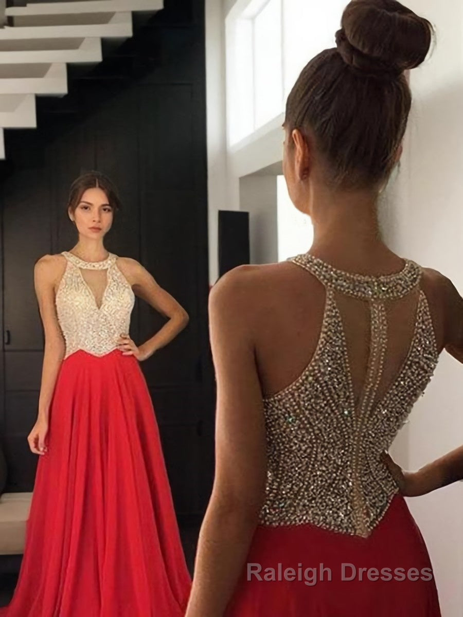 A Line Halter Sweep Train Chiffon Prom Dresses With Beading Main image
