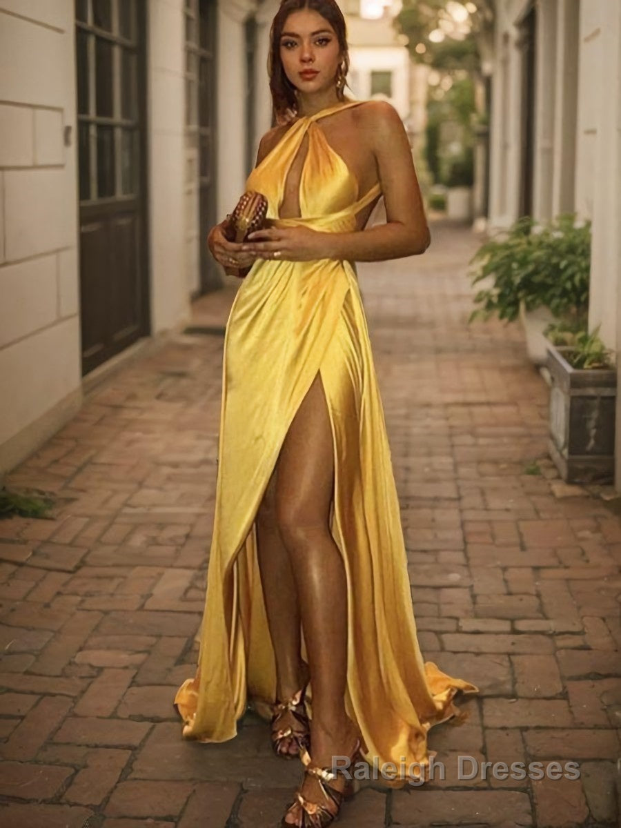 A Line Halter Sweep Train Silk like Satin Prom Dresses With Leg Slit Main image
