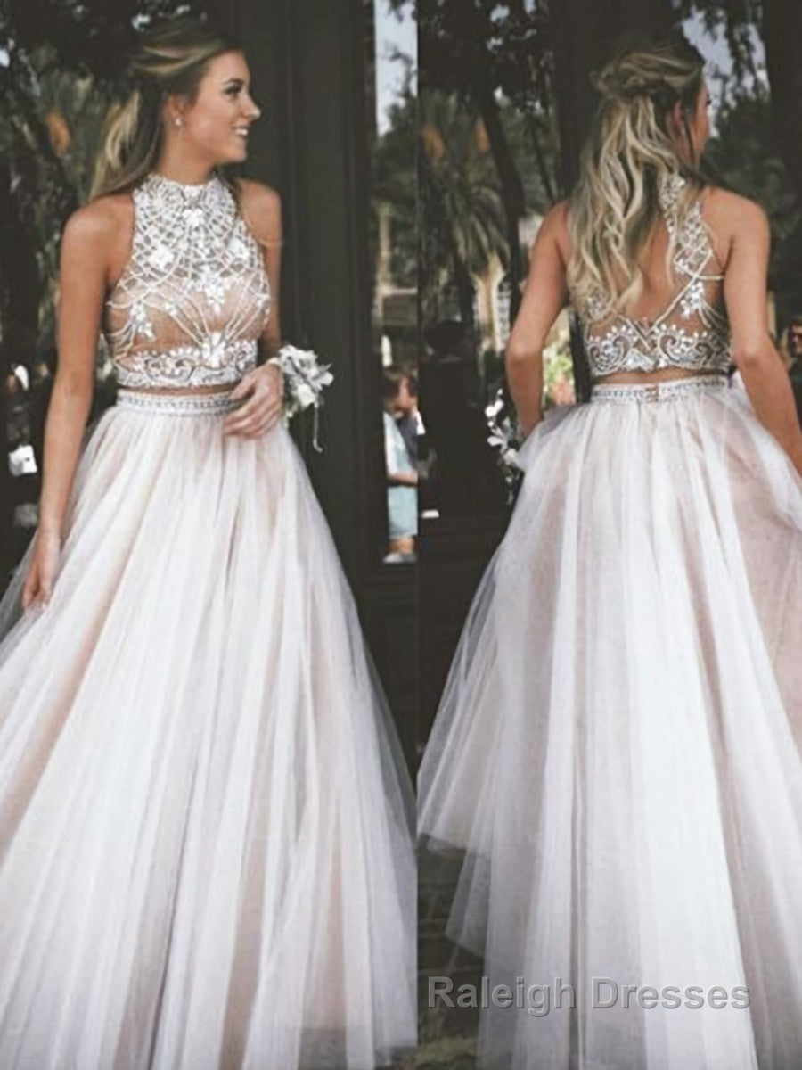 A Line High Neck Floor Length Tulle Prom Dresses