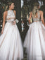 A Line High Neck Floor Length Tulle Prom Dresses