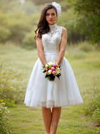 A Line High Neck Knee-Length Tulle Wedding Dresses