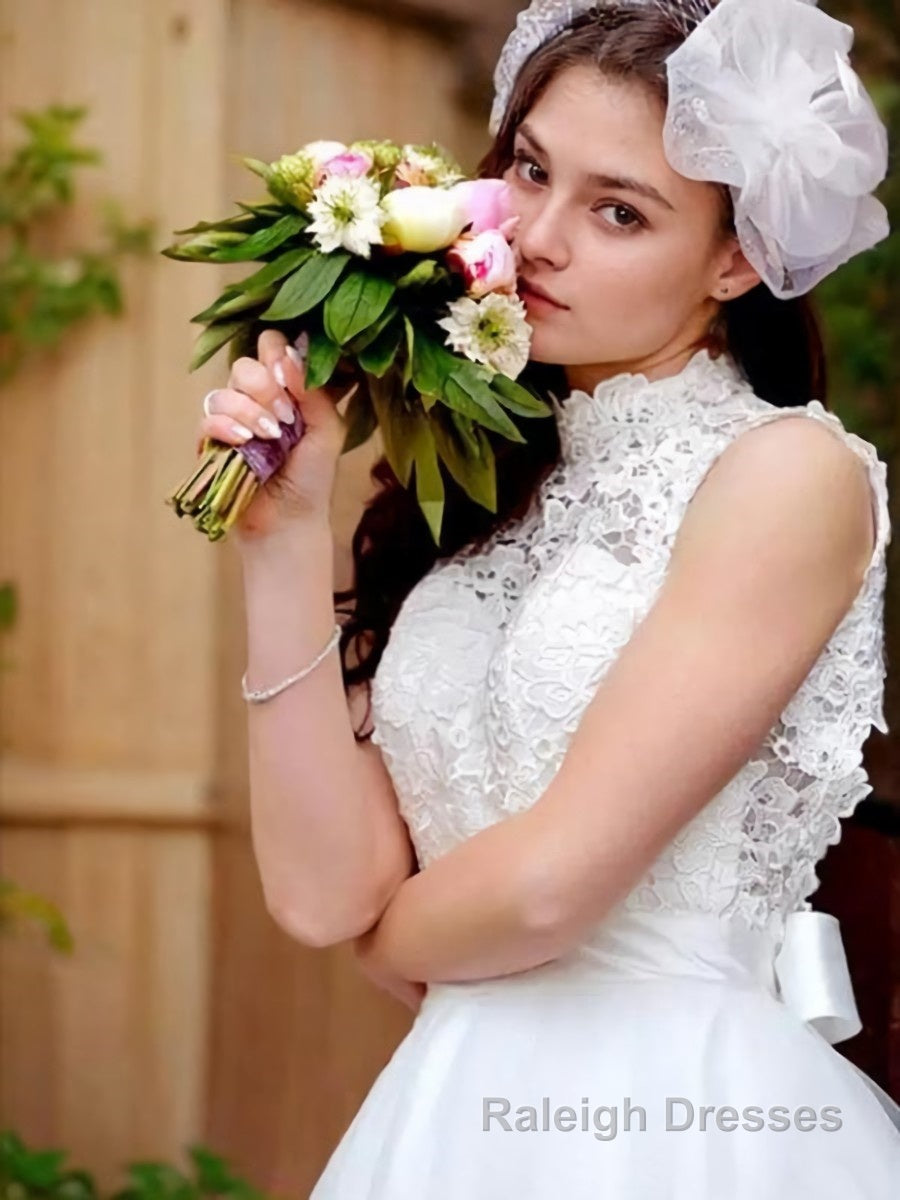 A Line High Neck Knee-Length Tulle Wedding Dresses