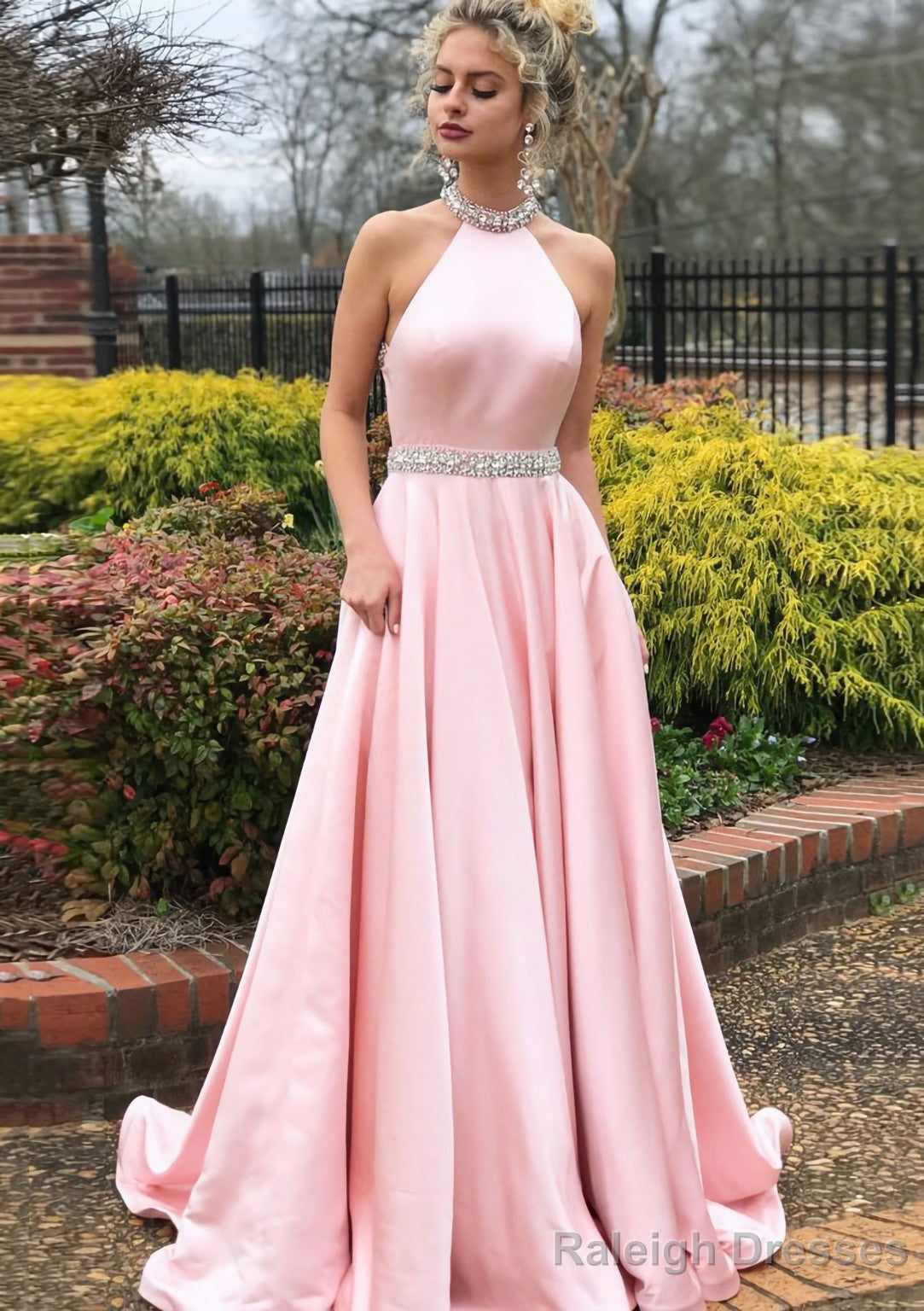 A-line/Princess High-Neck Sleeveless Sweep Train Satin Prom Dresses With Waistband Beading Main image