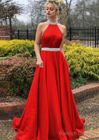 A Line High-Neck Sleeveless Sweep Train Satin Prom Dress With Waistband Beading