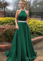 A Line High-Neck Sleeveless Sweep Train Satin Prom Dress With Waistband Beading