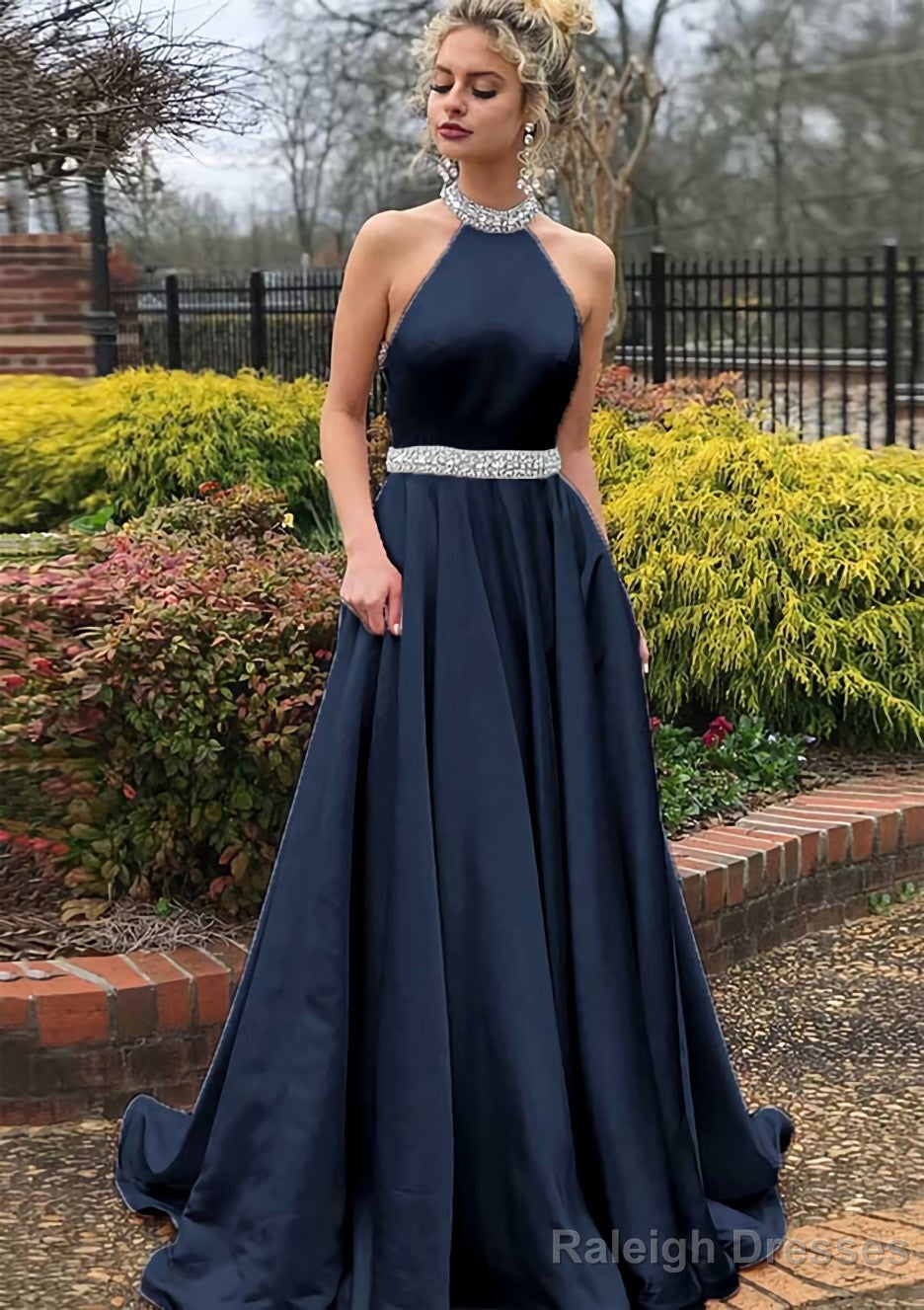 A Line High-Neck Sleeveless Sweep Train Satin Prom Dress With Waistband Beading Secondary image