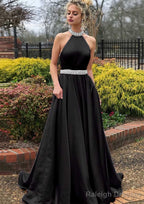 A Line High-Neck Sleeveless Sweep Train Satin Prom Dress With Waistband Beading