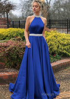 A-line/Princess High-Neck Sleeveless Sweep Train Satin Prom Dresses With Waistband Beading