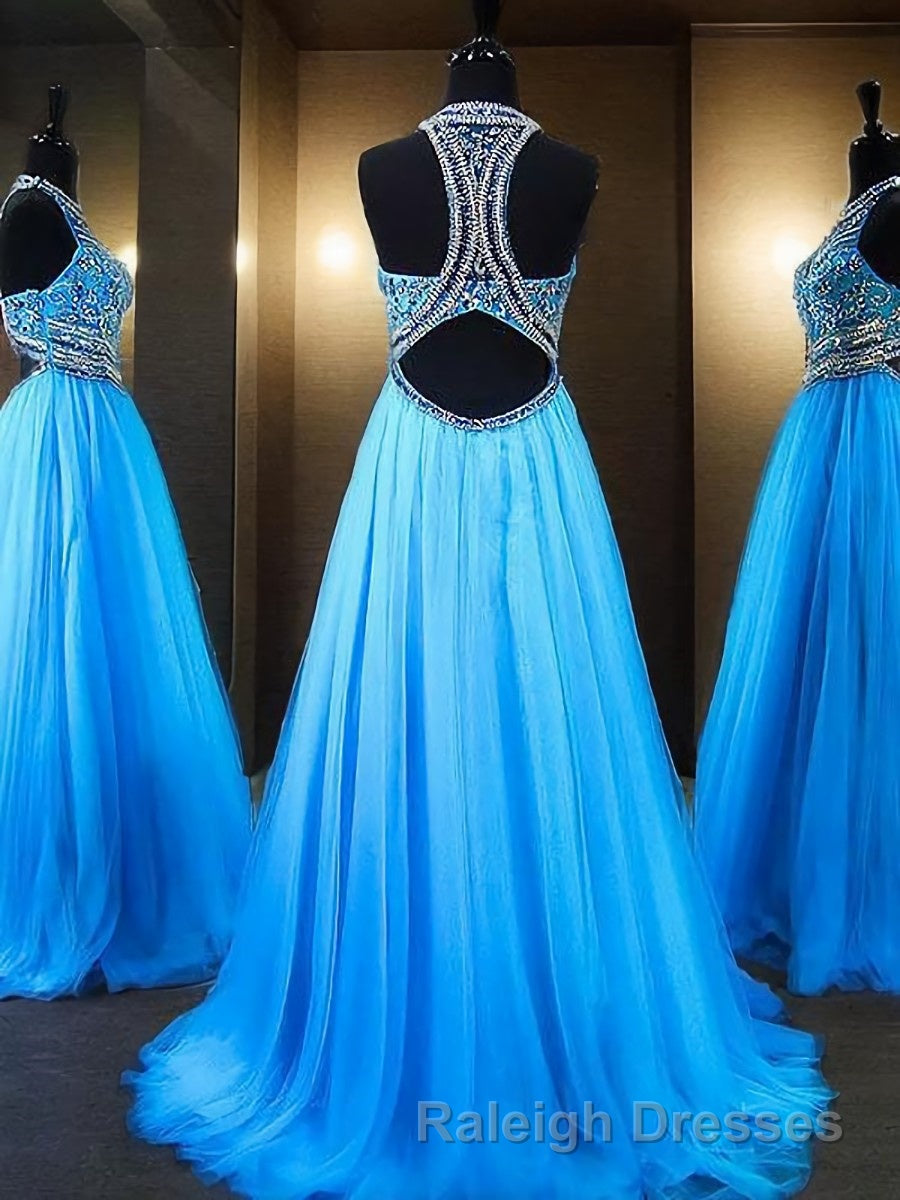 A Line Jewel Sweep Train Tulle Prom Dress With Beading Secondary image