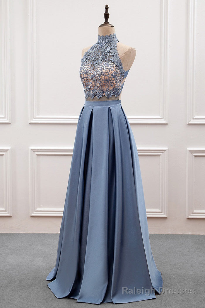 A-Line/Princess Lace & Satin Halter Cut-Out Back Prom Dresses