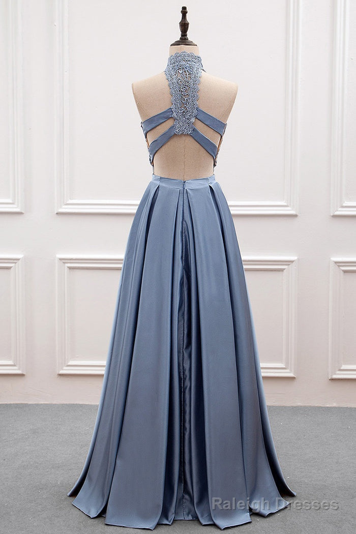 A-Line/Princess Lace & Satin Halter Cut-Out Back Prom Dresses