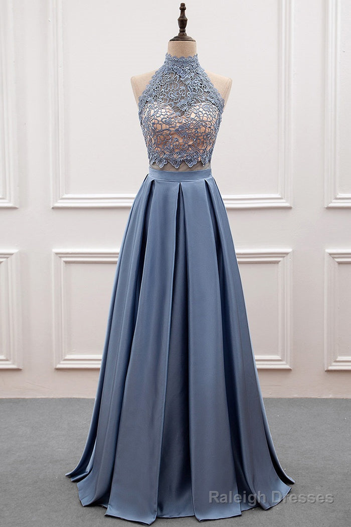 A-Line/Princess Lace & Satin Halter Cut-Out Back Prom Dresses Main image