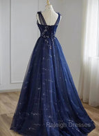 A Line Princess Navy Blue Tulle Beaded V Neckline Prom Dresses Shiny Tulle Prom Dresses