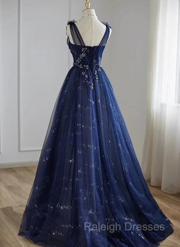 A Line Princess Navy Blue Tulle Beaded V Neckline Prom Dresses Shiny Tulle Prom Dresses