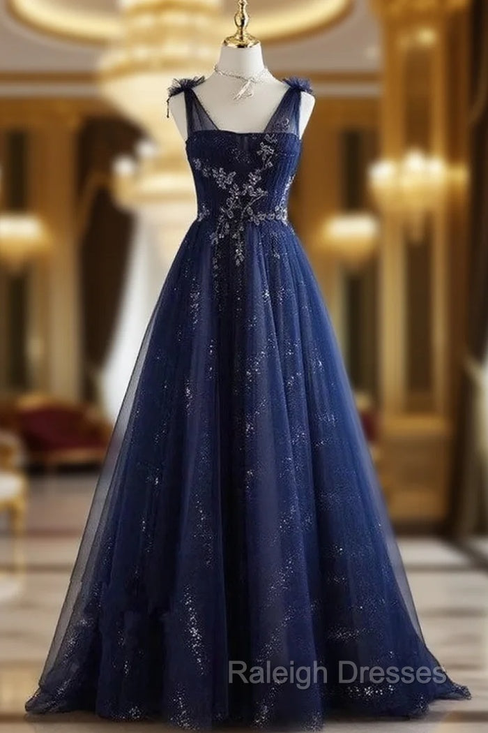 A-Line Princess Navy Blue Tulle Beaded V-neckline Party Dress Shiny Tulle Prom Dress Main image